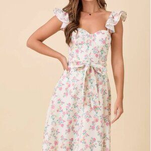 Main Strip Women's Ivory Floral Printed Ruffle Sleeve Midi Dress- Size L- New!